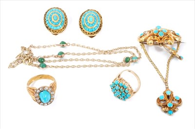 Lot 391 - Group of gold and turquoise jewellery to include a Victorian pendant brooch, turquoise and diamond cluster ring, turquoise cluster ring, pair of ear clips and a gold chain with turquoise beads