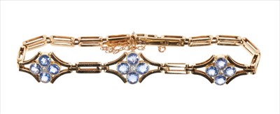 Lot 360 - Edwardian 15ct gold bracelet with three clusters of sapphires and diamonds
