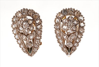 Lot 362 - Pair of diamond earrings, each pear-shape openwork plaque with rose cut diamonds in a floral design