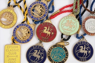 Lot 805 - Collection of enamel racing badges for Epsom together with race cards