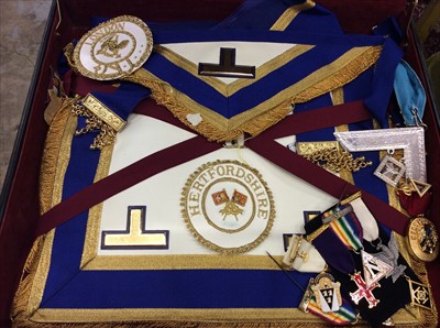 Lot 496 - Suitcase containing Masonic regalia, sash, Masonic jewels and badges relating to the Hertfordshire Lodge