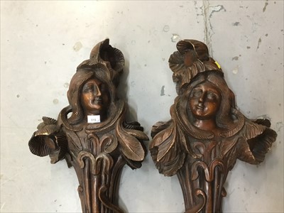 Lot 815 - Pair of large Art Nouveau style carved wood decorative mounts with female and floral decoration