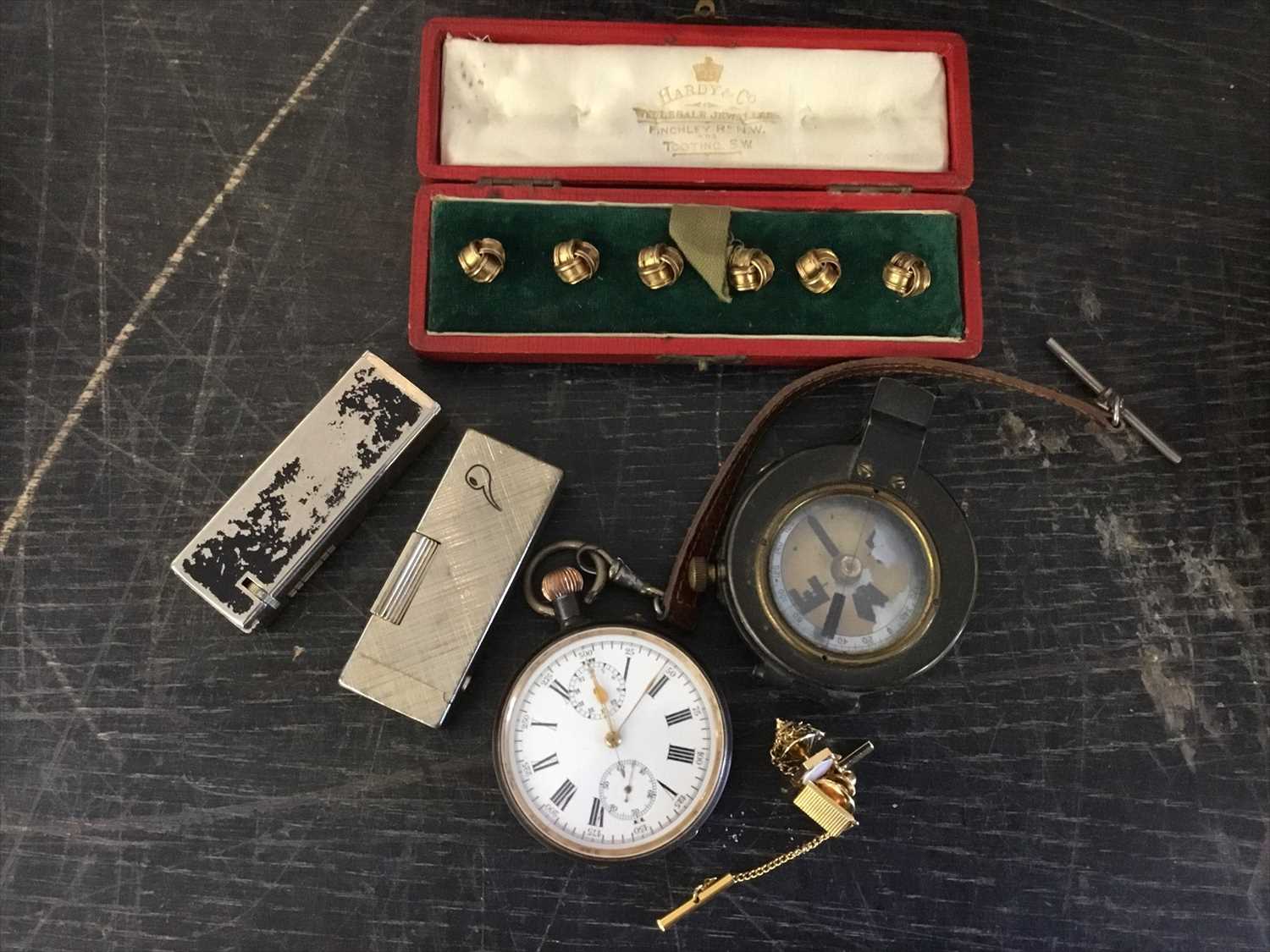 Lot 670 - Pocket watch, military compass, buttons