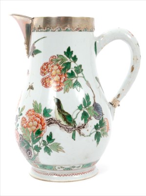 Lot 71 - Early 18th Century Chinese Famille Verte porcelain jug with William IV silver mounts London 1836