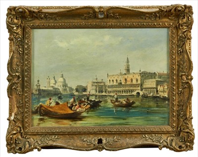 Lot 955 - Edward Prichett (1808-1894) oil on canvas, Venetian canal scene before Doges Palace