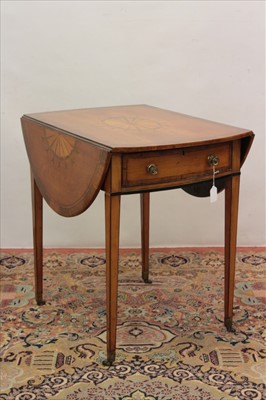 Lot 1300 - George III satinwood, rosewood crossbanded and patera inlaid oval pembroke table, retailers stamp ‘From W. Williamson & Sons, Guildford’