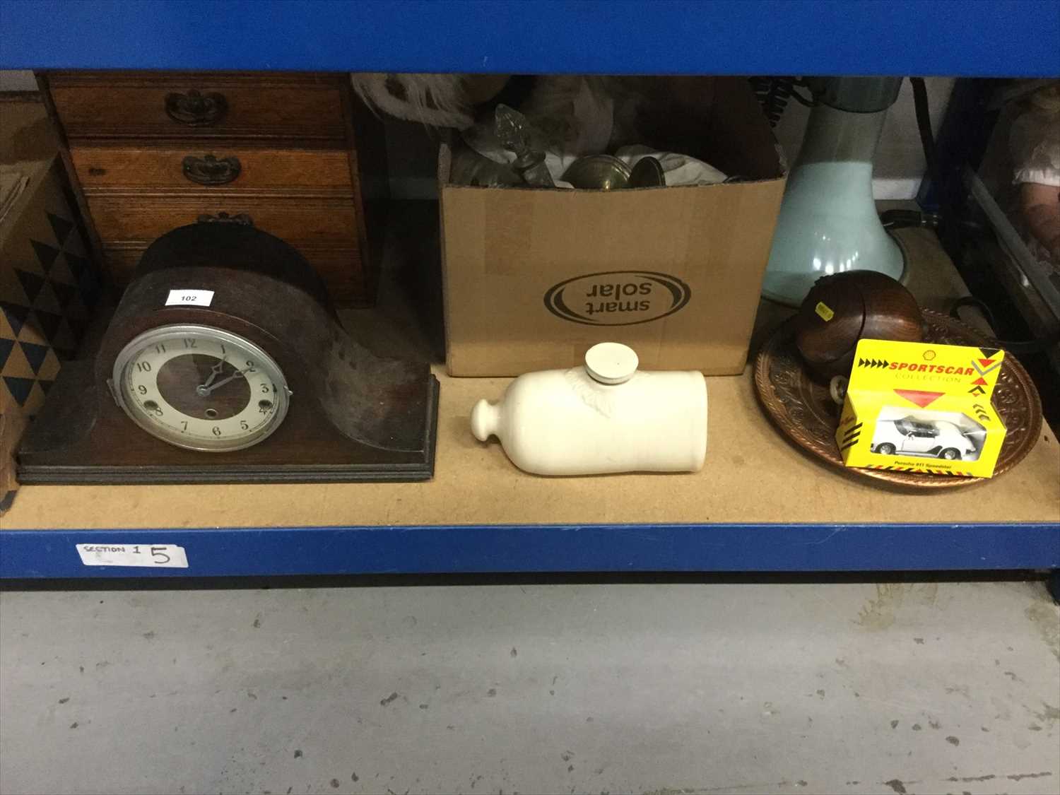 Lot 102 - Edwardian oak stationery chest of four drawers, mantel clock, Edwardian opera glasses, coins and sundries