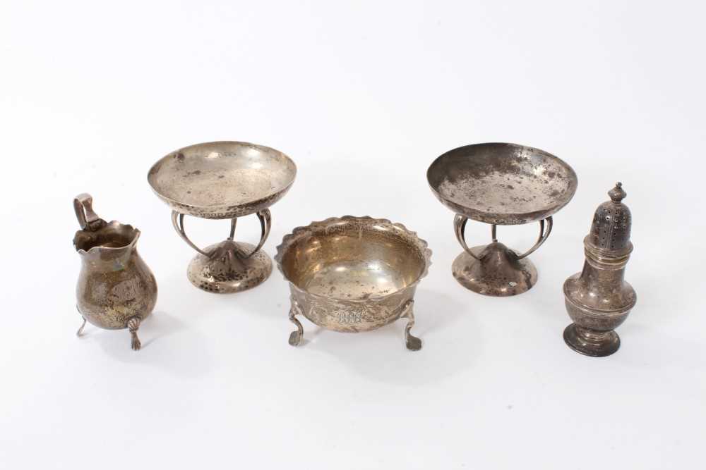 Lot 256 - Pair of Art Nouveau silver footed dishes, pepperette,  cream jug, and sugar bowl.