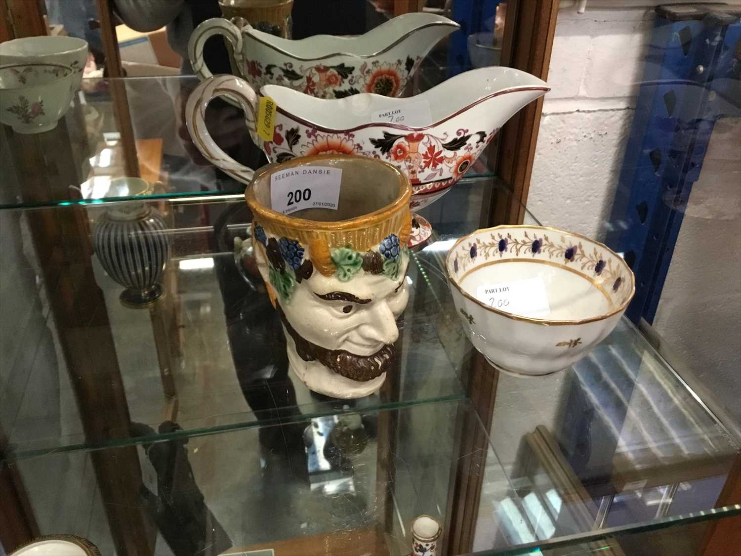 Lot 200 - Rare Pratt ware Bacchus jug, Worcester teabowl, Victorian gravy jug