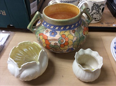 Lot 427 - Charlotte Rhead two handled vase and two Belleek small vases (3)