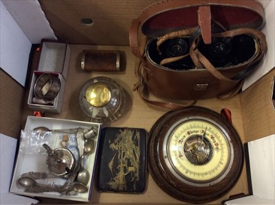 Lot 428 - Silver napkin ring, silver thimble, pair binoculars, brass topped inkwell, Japanese cigarette case and sundries