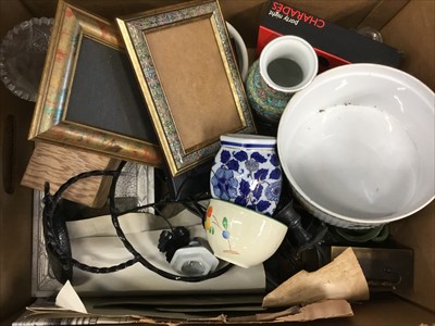 Lot 179 - Five boxes of assorted china, pictures and sundries