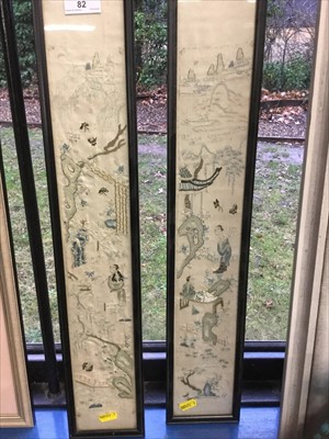 Lot 82 - Pair of early 20th Century Chinese embroidered silk sleeve panels in frames