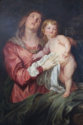 Lot 999 - Continental School, 19th century, oil on canvas - Mother and Child, in arched gilt slip and decorative gilt and velvet frame