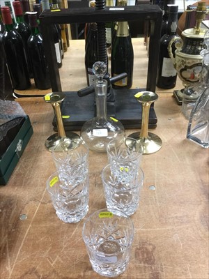 Lot 322 - Georgian oak book press, five cut glasss tumblers, cut glass decanter and anpair of brass candlesticks