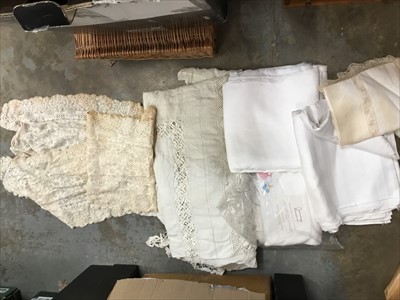 Lot 193 - Large linen tablecloth , linen and lace