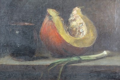 Lot 1063 - English School, 19th century, oil on canvas - still life of a pumpkin, leek and vessel on a table, in gilt frame, 53cm x 72cm