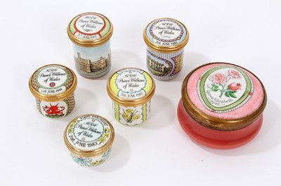 Lot 14 - Five Halcyon Days enamel Royal commemorative pots and one other (6)