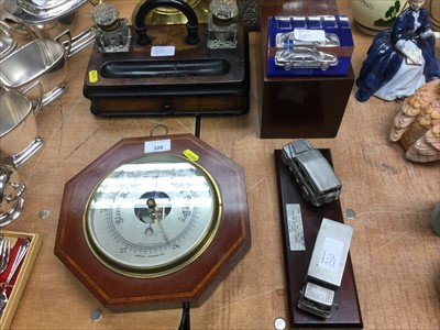Lot 320 - Victorian walnut inkstand, Edwardian barometer and sundries