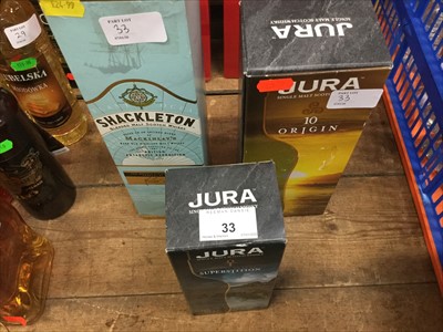 Lot 33 - Whisky- Shackleton Blended Whisky 70cl, Jura 10 Origin 70cl and Jura Superstition 35cl (3)