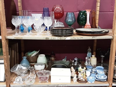 Lot 537 - Assorted China and glass, including Gouda bowl, Waterford clock, etc (2 shelves)