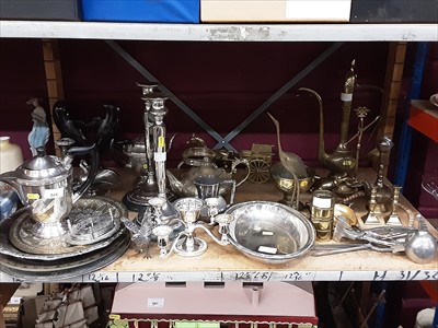 Lot 545 - Silver plate, brass and other metal ware, including candlesticks, teapot, Turkish coffee pot, etc