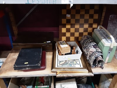 Lot 553 - Two chess sets and board, radio, fabric, and two rabbit pictures