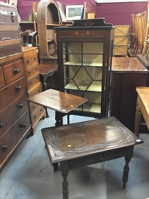 Lot 823 - Edwardian inlaid display cabinet, Victorian country wine table on tripod base and oak occasional table (3)