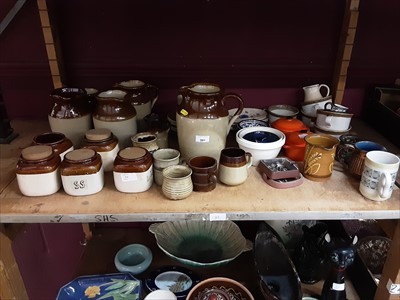 Lot 501 - Salt glazed jugs and storage jars, and other China (2 shelves)