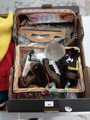 Lot 502 - 4 boxes of textiles, silk scarves, haberdashery, etc