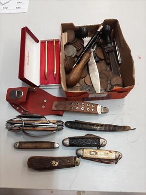 Lot 504 - Box containing GB coins, pen knives, cut throat razor, multitool, pens, etc