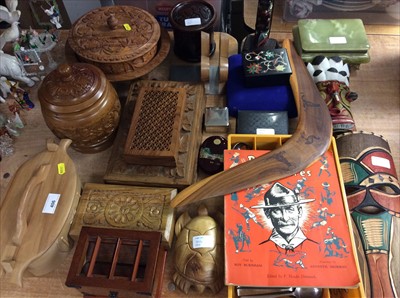 Lot 406 - Carved wood boxes, lidded pots, tribal masks, other treen, cutlery and sundries