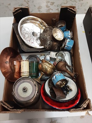 Lot 507 - Three boxes of metal ware, including oil lamps, plated flatware, enamel kitchenalia, etc