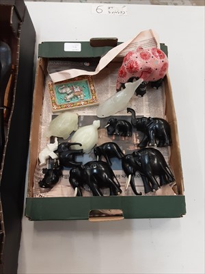 Lot 511 - Assorted treen, ebony elephants, carved Islamic stands, hardstone animals, etc (3 boxes)