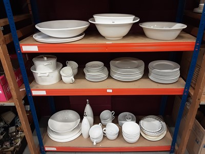 Lot 520 - Maxwell Williams white basics dinnerware, IKEA coffee ware, and serving dishes (3 shelves)