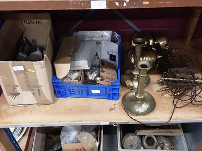 Lot 523 - Four vintage telescopic wall light fittings, flatware, brassware, etc