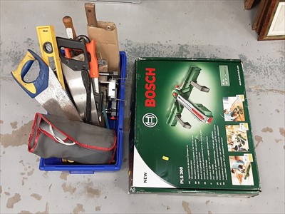 Lot 526 - Bosch PLS 300 saw station, and box of saws, tools and a set of spanners