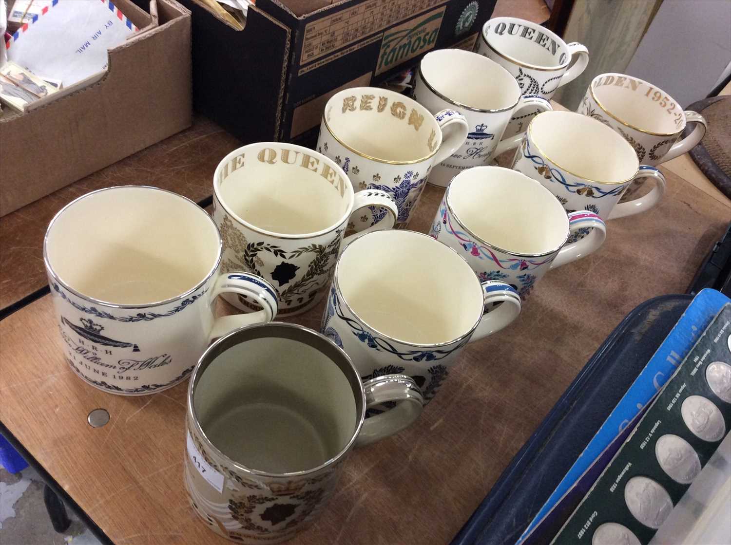 Lot 417 - Ten Royal Commemorative Wedgwood mugs designed by Richard Guyatt