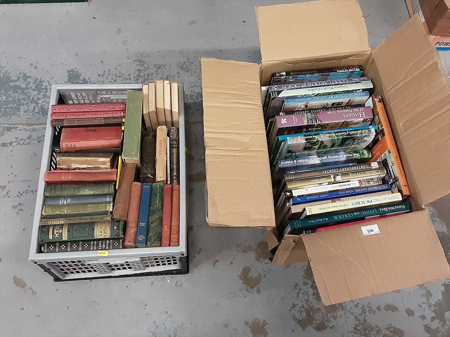 Lot 536 - Two boxes of books, including vintage and interior design