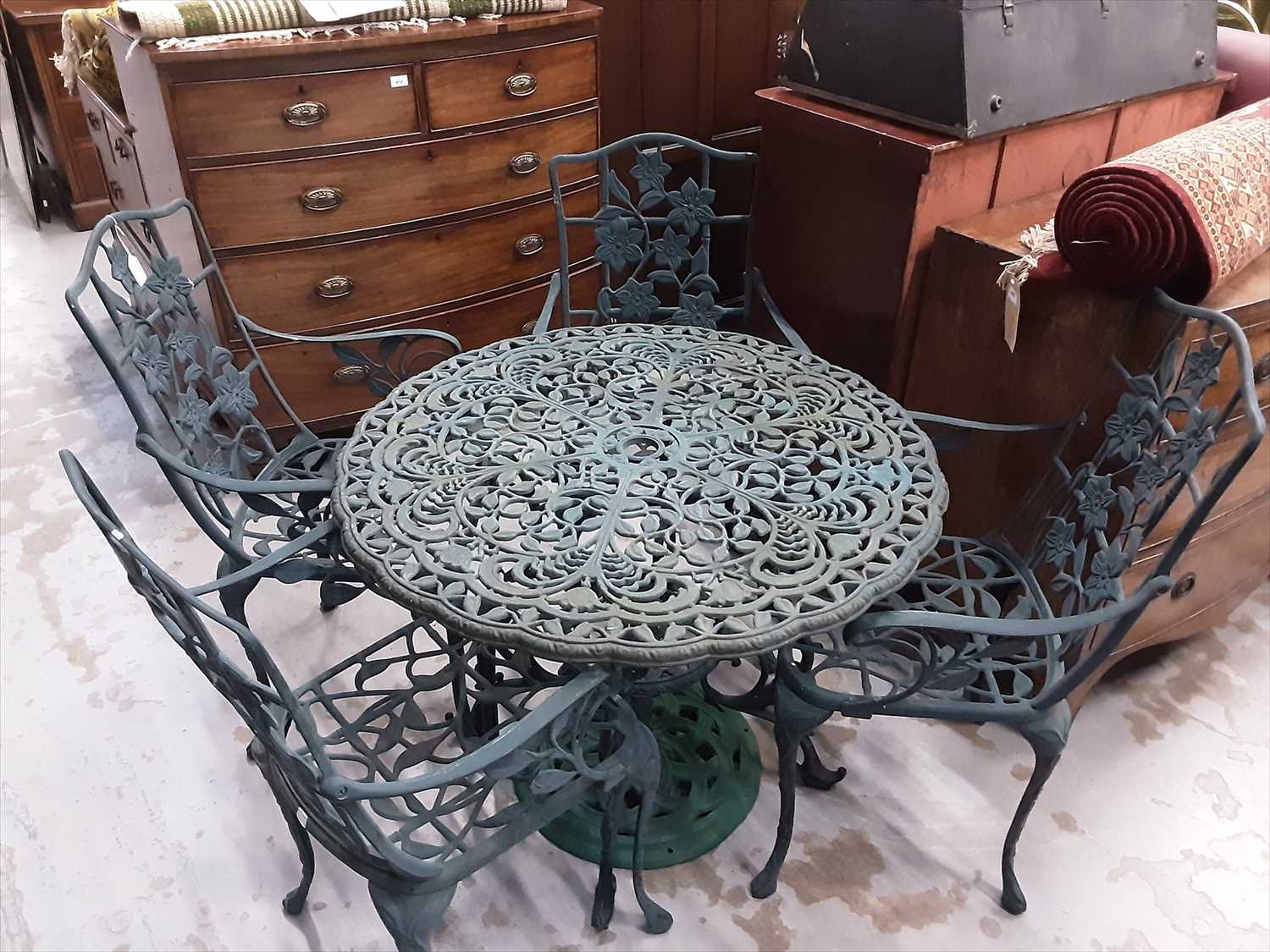 Lot 961 Green wrought iron garden table and four