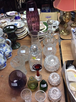 Lot 432 - Cut glass decanters, vases, coloured glass and other glassware