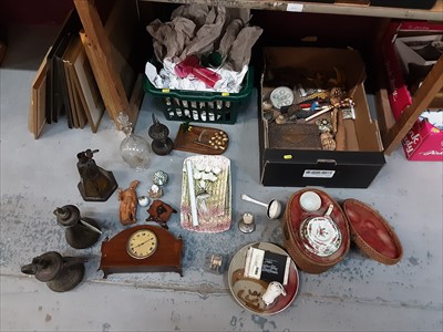 Lot 558 - Box of sundries, including Canton teapot in wicker case, mantel clock, etc