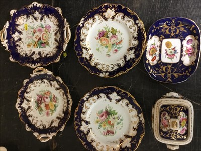Lot 173 - Part service of late Regency porcelain table wares, floral painted with gilt and navy borders (10 pieces_