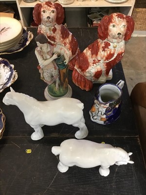 Lot 175 - Unusual pair of Berwick white glazed models of heavy horses, together with pair of 19th century Staffordshire spaniels, Continental figurine and Toby jug