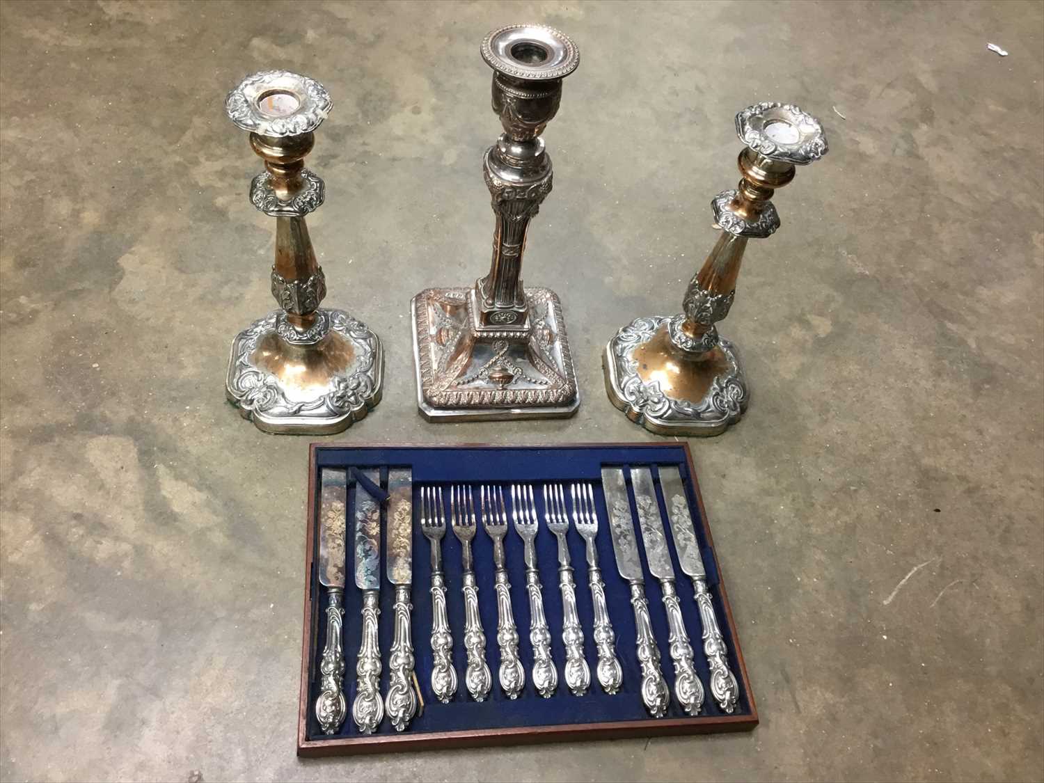 Lot 177 - Geogian Neo classical Old Sheffield Plate candlestick, two further candlesticks and set of silver handled fruit knives and forks