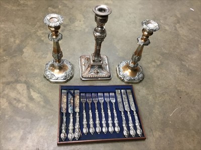 Lot 177 - Geogian Neo classical Old Sheffield Plate candlestick, two further candlesticks and set of silver handled fruit knives and forks