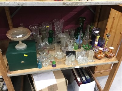 Lot 566 - Shelf of glassware, including cut, enamelled, silver-rimmed, specimen vases, etc