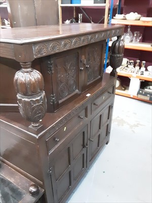 Lot 870 - Old carved oak court cupboard with two carved panelled doors