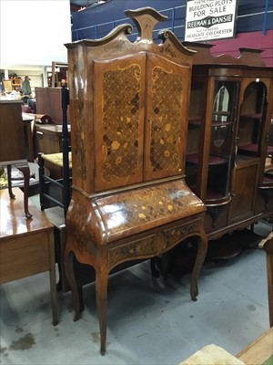 Lot 897 - Italian marquetry inlaid bureau cabinet with swan neck pediment, fall flap and two drawers on cabriole legs