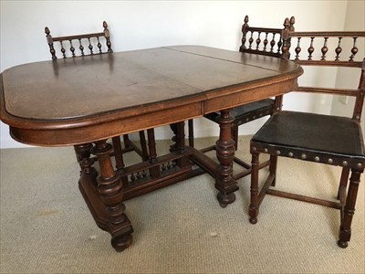 Lot 36 - Late 19th Century French walnut extending dining table on turned legs joined by stretchers together with a set of five matching dining chairs